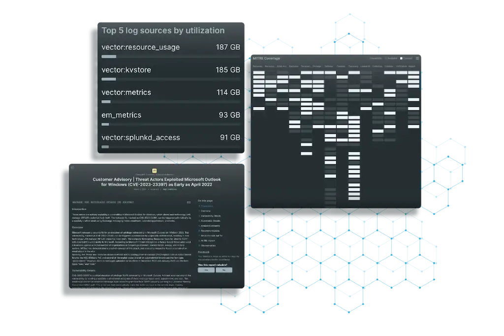 Views within the Deepwatch Security Center of log sources, MITRE Coverage and customer advisories that enable collaboration